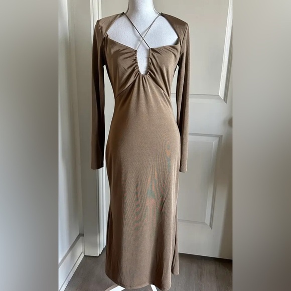 Jason Wu V-Neck Midi Length Dress Large NWOT Beige - Picture 2 of 4